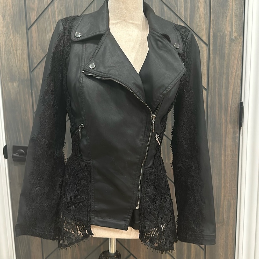 WHBM Coated Denim and Lace Moto Peplum Jacket Sz 2